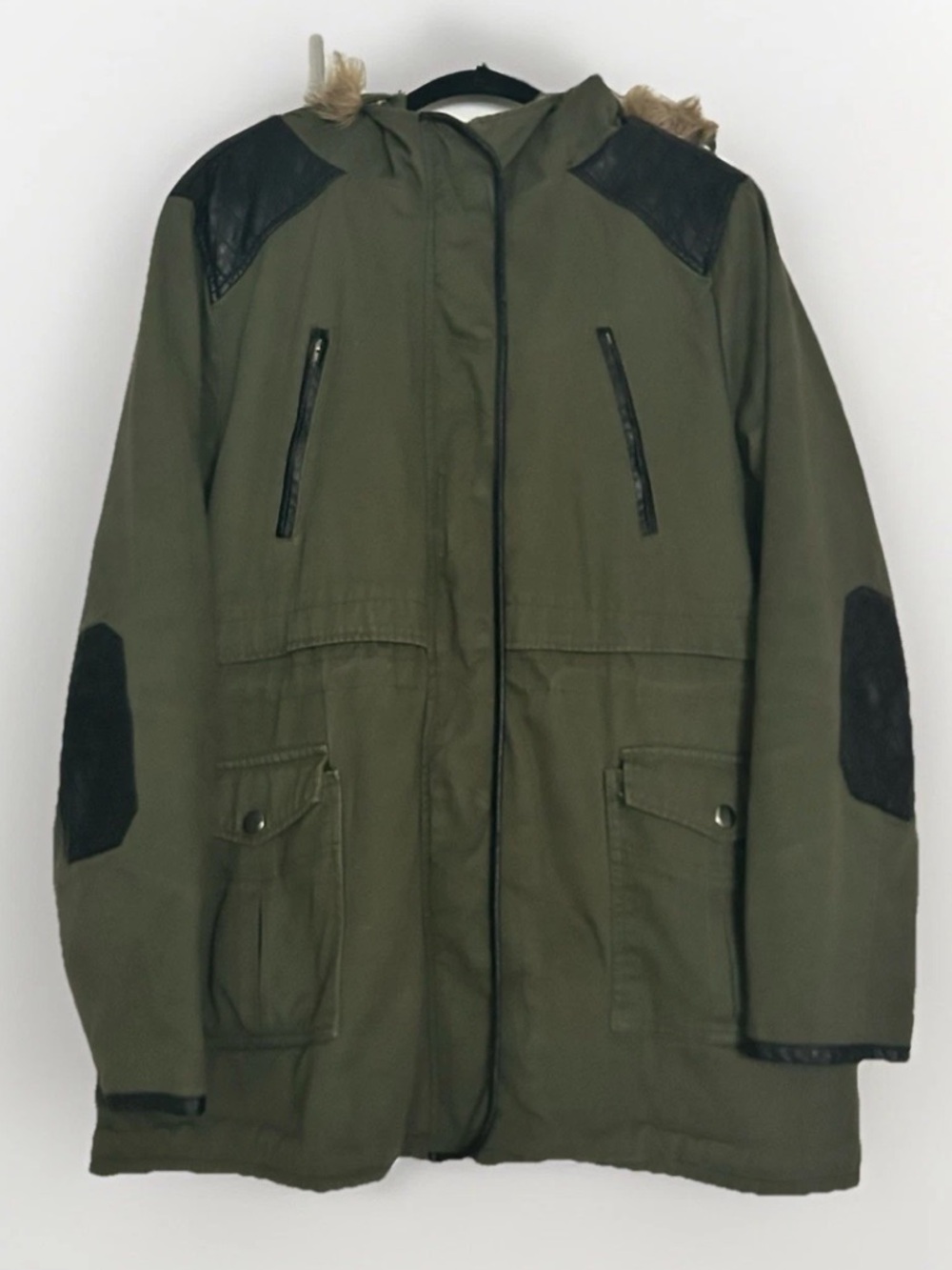 TORRID Olive Green Utility Parka with Black Faux Leather Trim Drawstring Waist